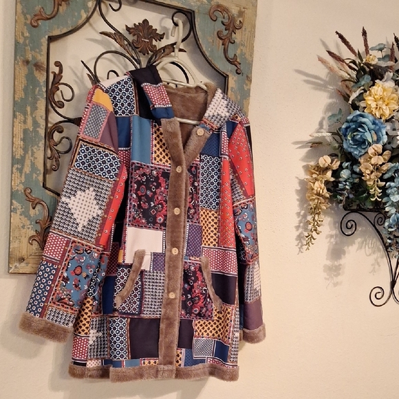 SHEIN Jackets & Blazers - Colorful Patchwork Puffer Coat with Faux  Fur Trim. NWOT Size Large